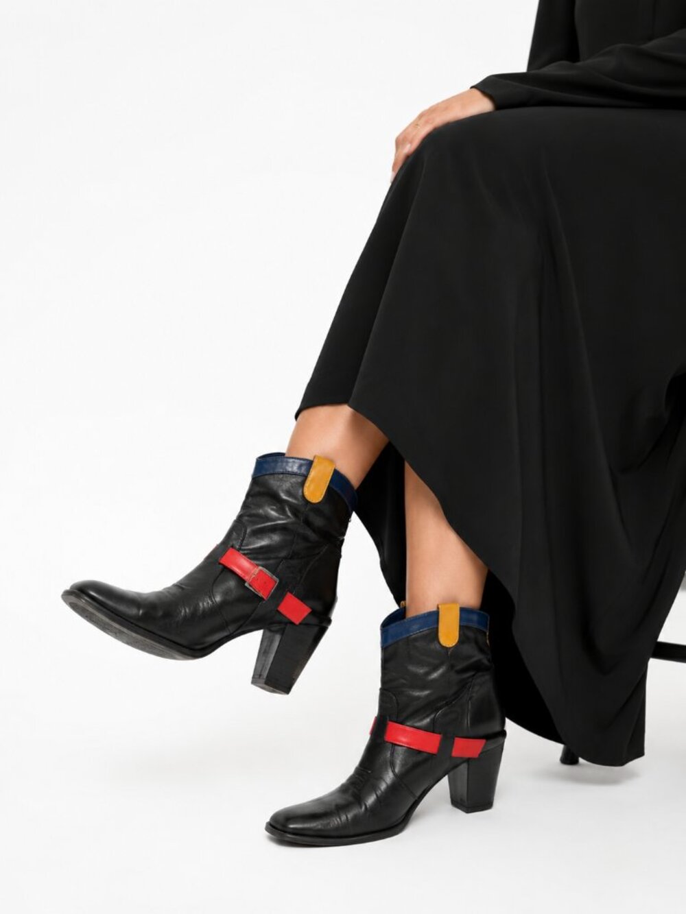MELLOW YELLOW X JC/DC BLACK LEATHER VEAL CALFSKIN COLORFUL STRAPPY COWBOY BOOTS